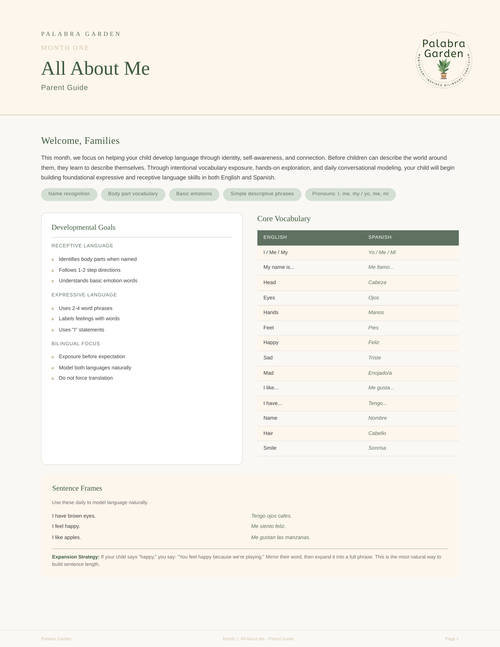 Sample page 1 from the Palabra Garden curriculum
