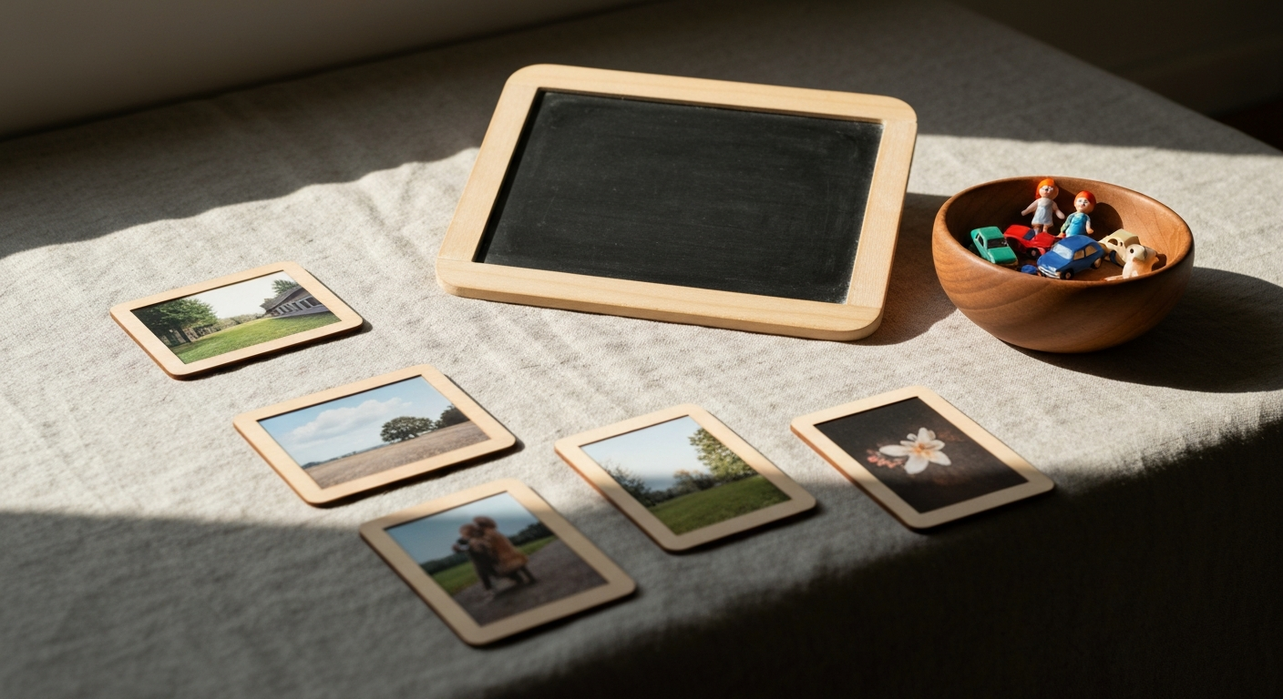 Linen surface with small chalkboard, wooden picture cards, and bowl of small toys