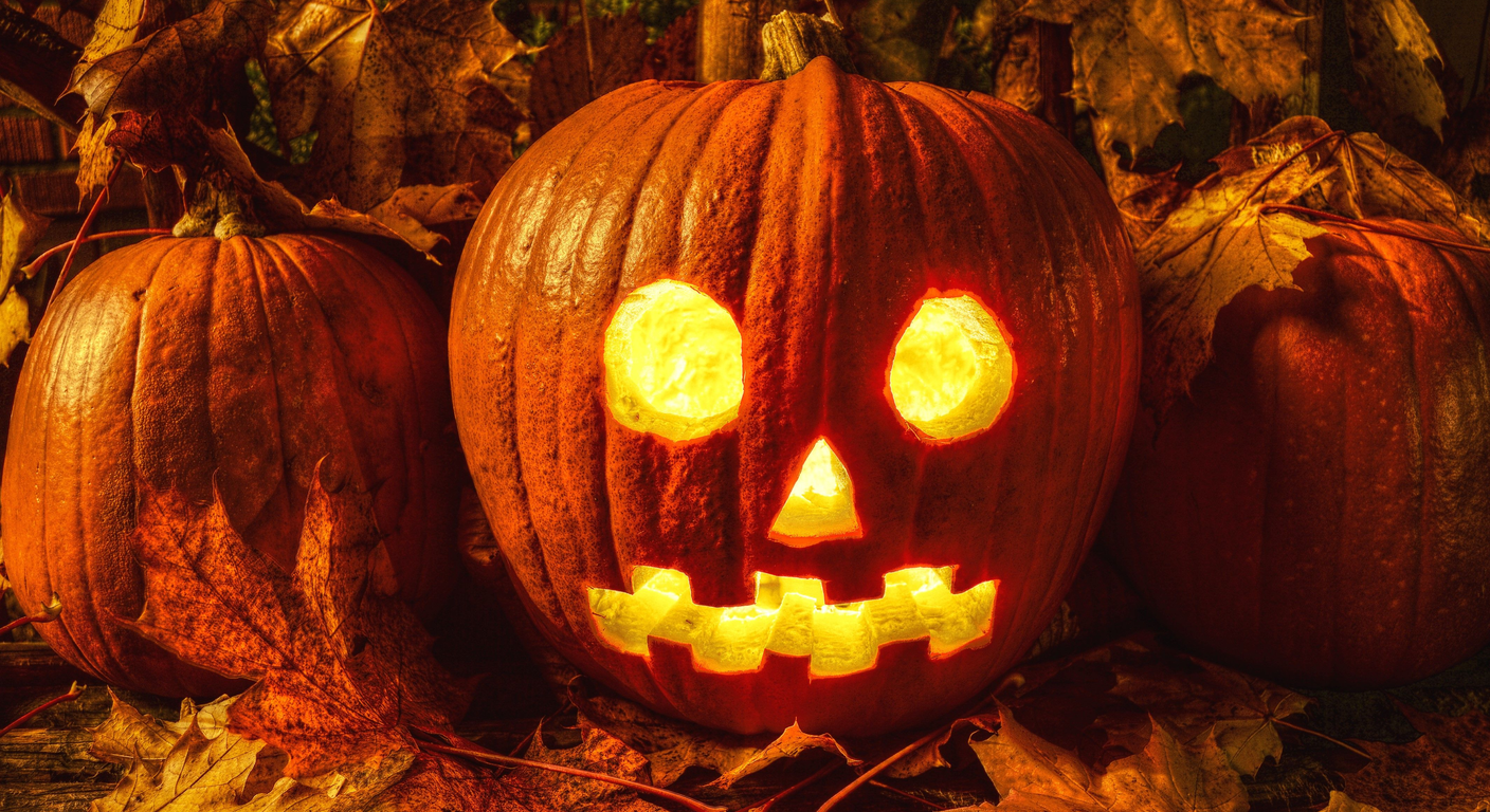 A finished carved jack-o'-lantern glowing among autumn leaves, with uncarved pumpkins beside it.