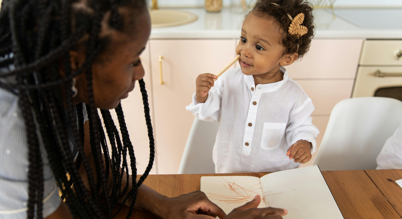 Mother and toddler drawing together at a kitchen counter, warm light.