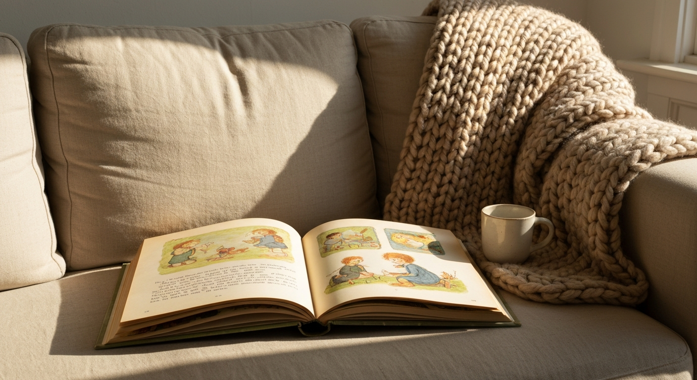 Worn vintage picture book on linen couch with knitted blanket in warm afternoon light