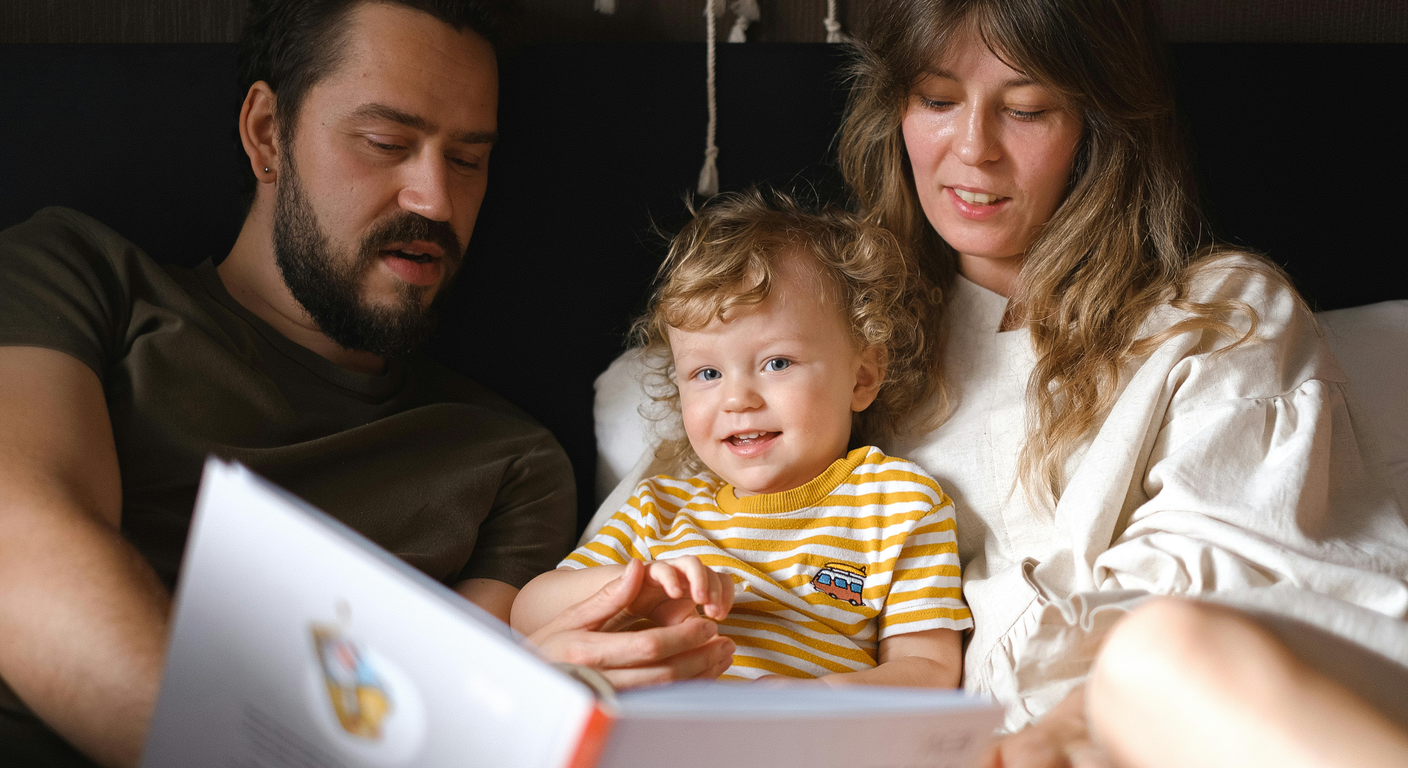 Hispanic family reading a bilingual book together at home, warm candid