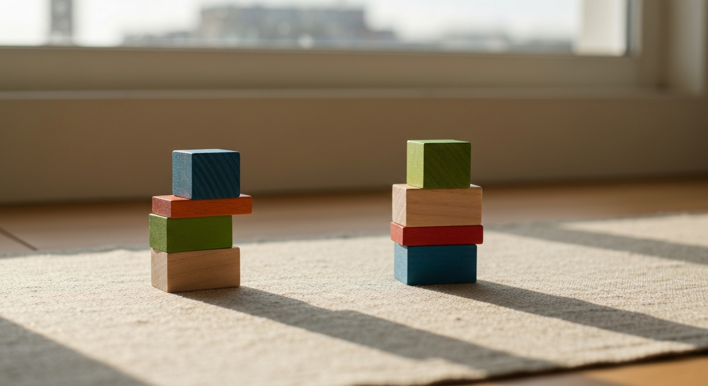 Wooden building blocks in two small stacks on linen mat with warm window light