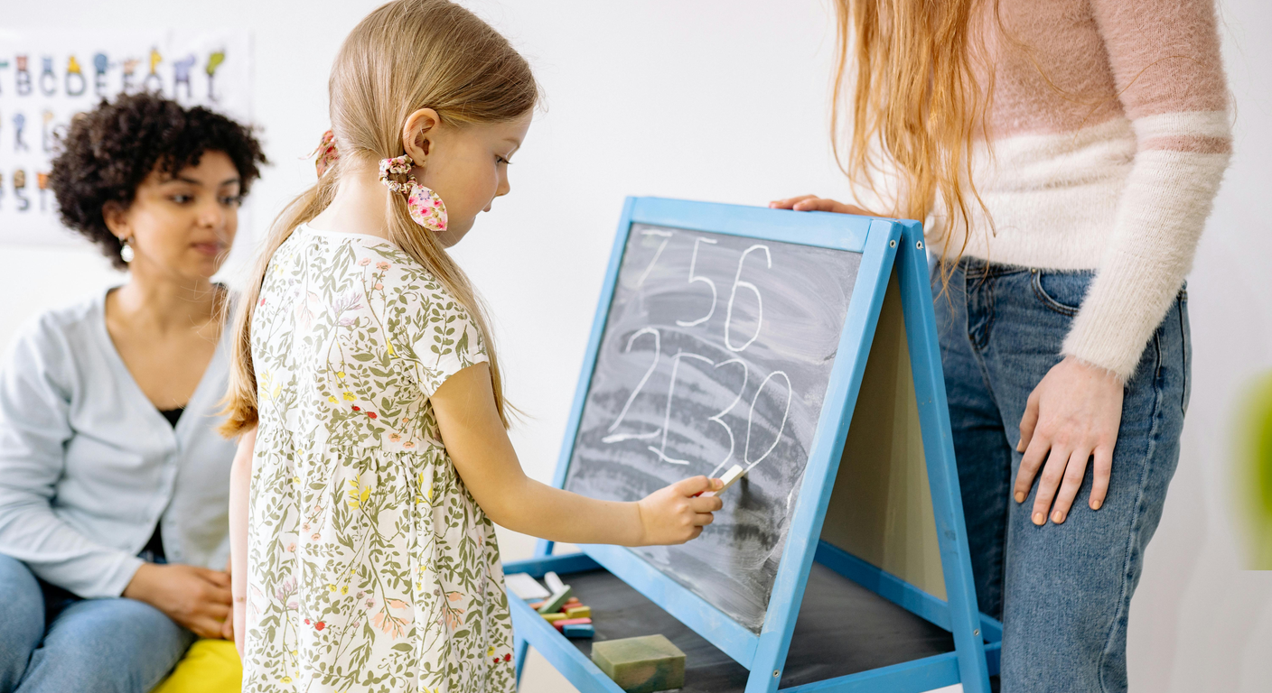 Preschool children with teacher in bright classroom, learning together