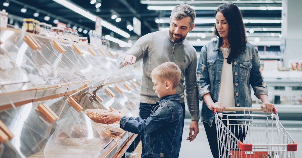 Family is shopping at a grocery store.
