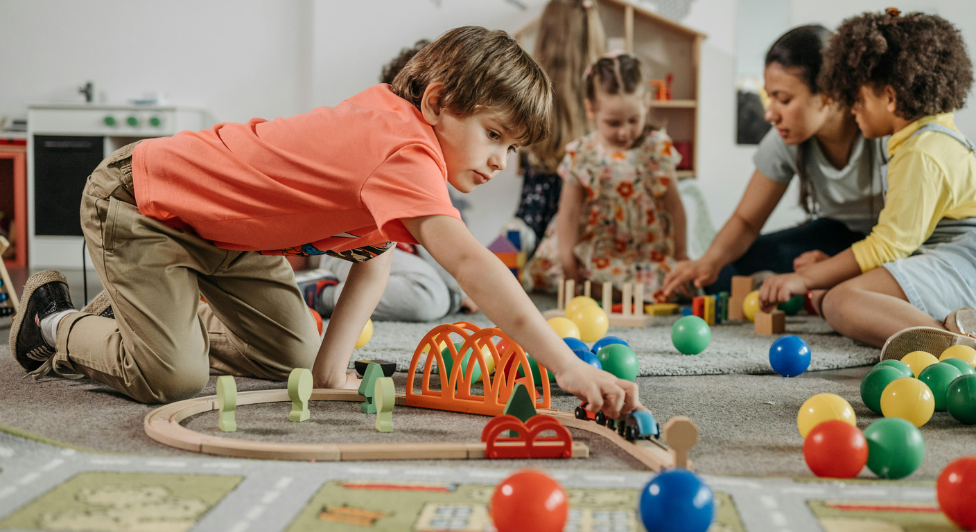 Toddlers playing with toys on a classroom rug while two teachers sit on the floor with them.
